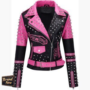 Faux Leather Moto Jacket with Studded Rivets, Belted Hip-Length Streetwear
